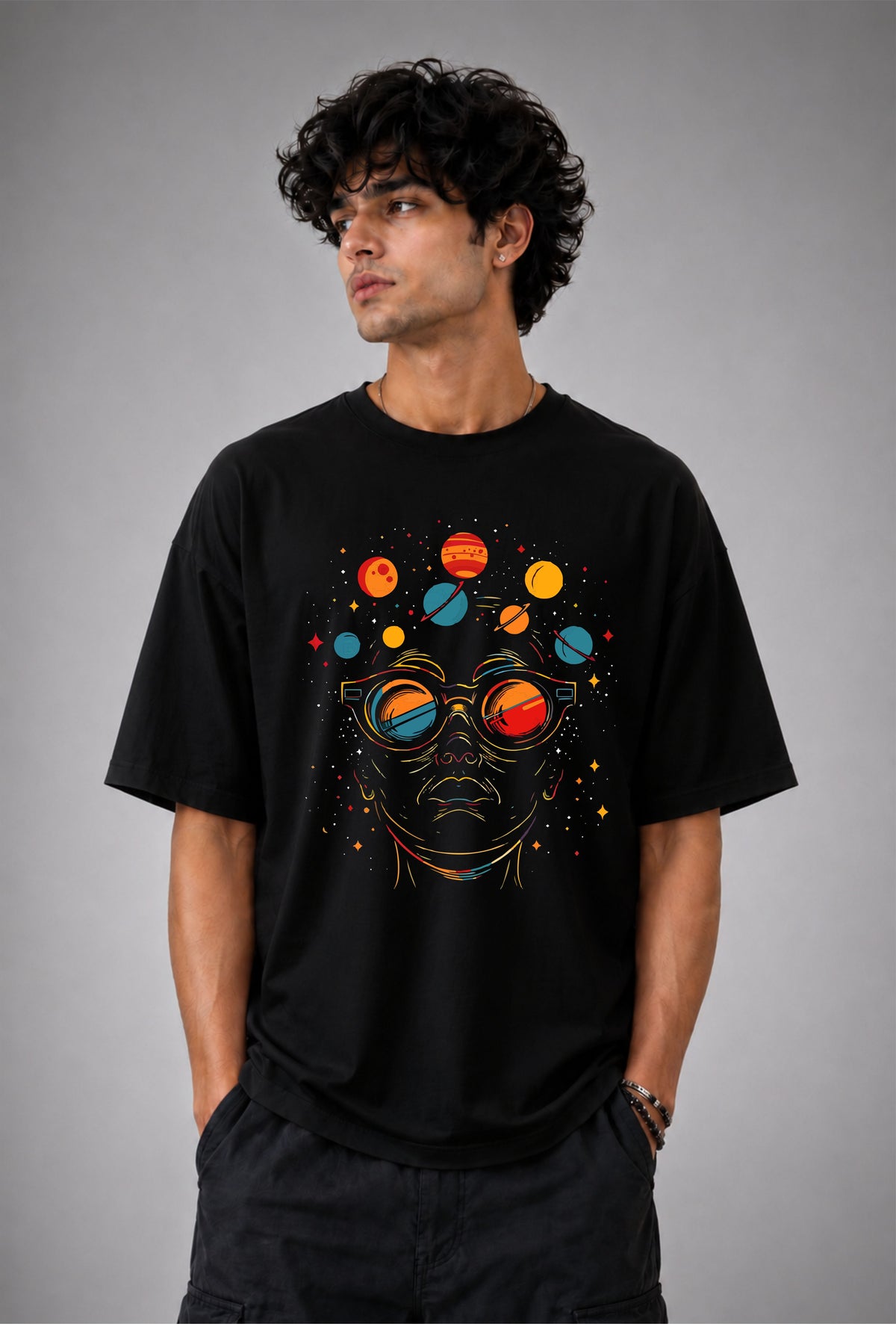 Cosmic Vision Oversized Graphic Tee - Black