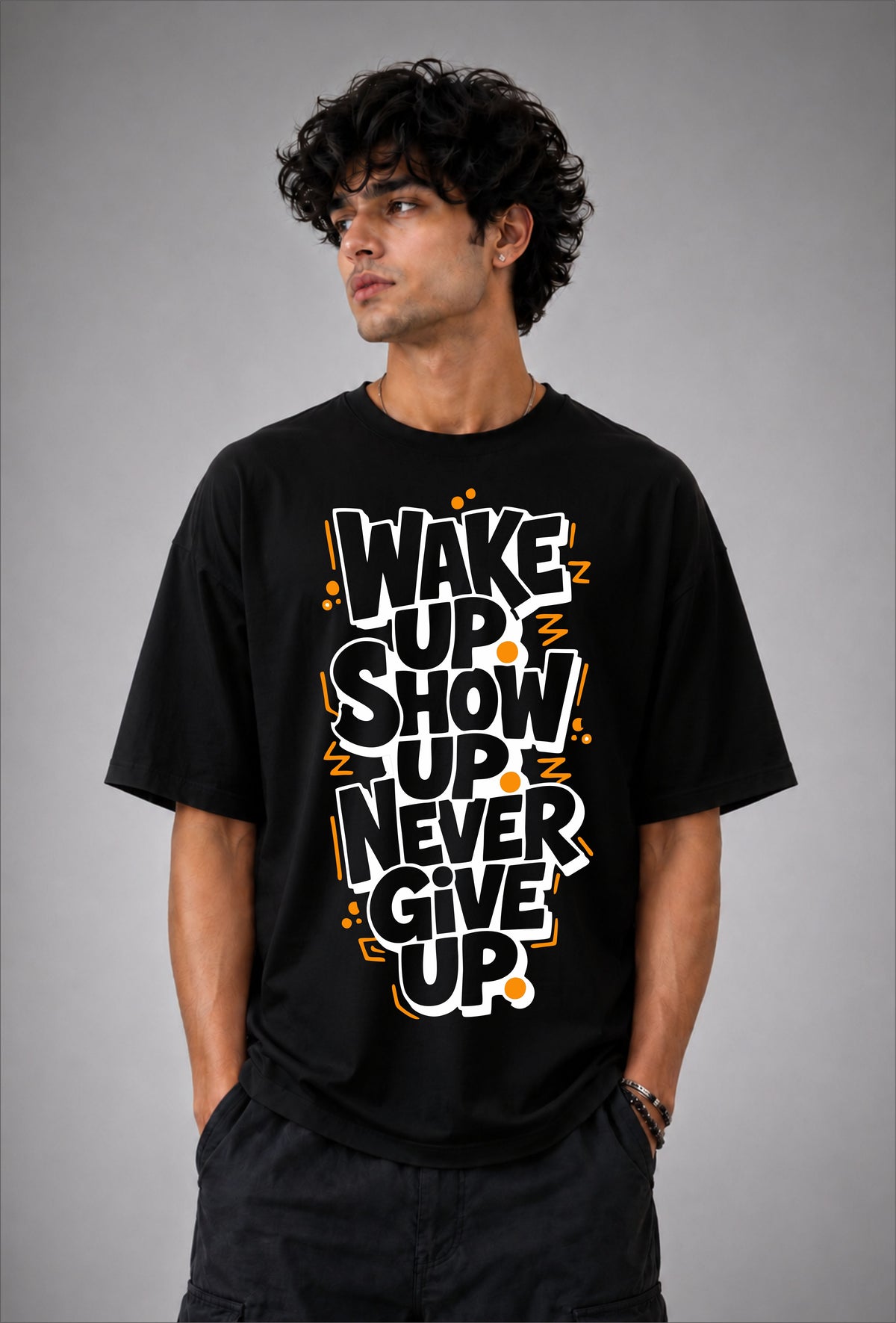 Never Give Up Oversized Graphic Tee - Black