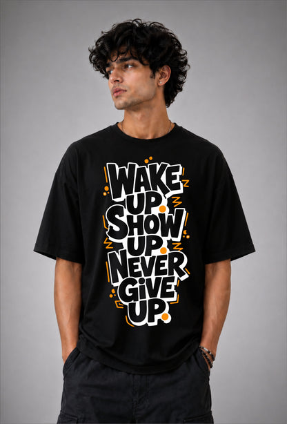 Never Give Up Oversized Graphic Tee - Black